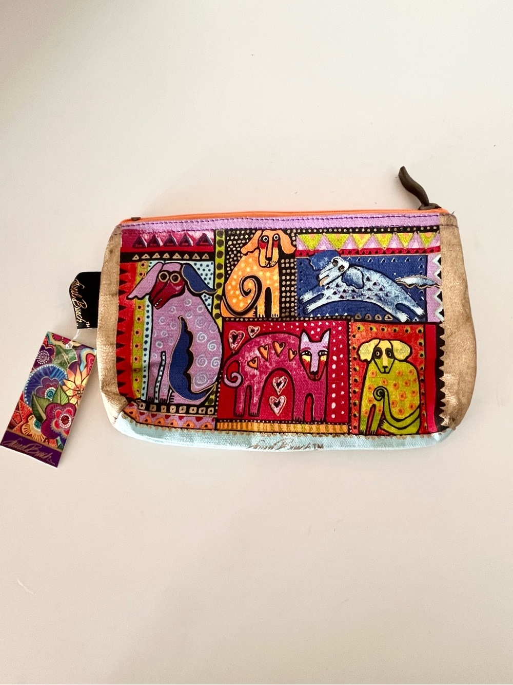 NWT Laurel Burch Whimsical Dogs Cosmetic Bag Pristine Artsy Makeup Pouch Canvas